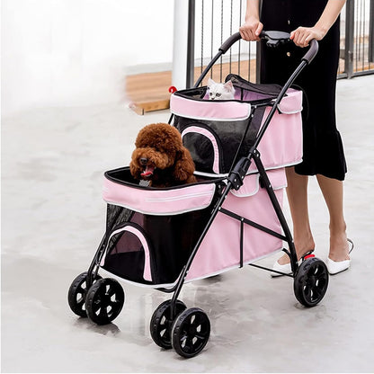 Double Pet Stroller for 2 Dogs & Cats – Foldable Travel Carrier Pram with Shock Absorption